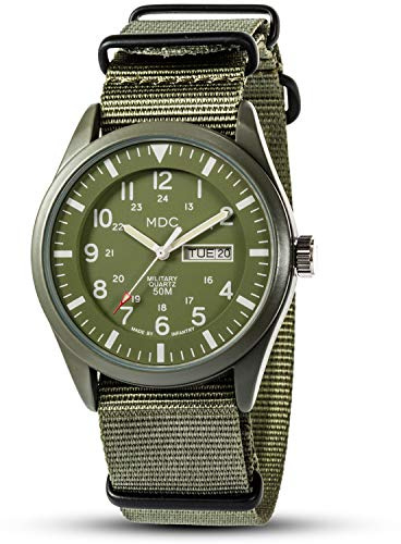 Infantry MDC Montre Militaire Homme Noir, Affichage de la Date et du Jour 12/24 Heures, Montres de Poignet pour Homme, Montre de Sport Tactique de Plein Air, Étanche 5 ATM avec Bracelet OTAN, vert