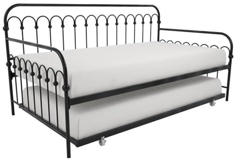 Pemberly Row Metal Twin Daybed with Roll Out Trundle, Black Finish, Stylish Rounded Design, Sturdy Frame with Steel Slats, Multi-Functional Guest Bed for Small Spaces or Kids’ Bedrooms