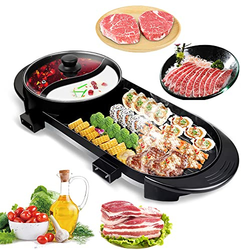 Electric Grill Hot Pot 2 in 1, Indoor Smokeless Grill Teppanyaki Grill w/Non-Stick Pan Shabu Shabu with Divider Separate Dual Temperature Control Double-flavor Hot Pot Capacity for 2-12 People 110V