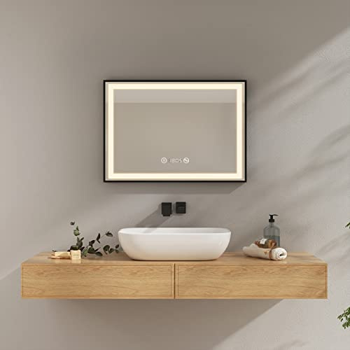 EMKE Miroir de Salle de Bain avec Éclairage 70 x 50 cm Miroir Salle de Bain Bord Noir LED Miroir de Salle de Bain avec Tactile, Anti-buée, Horloge, Température, Dimmable, Éclairage Neutre