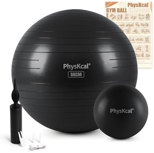 PhysKcal 55cm Black Dicker Gymnastikball und 23 cm Pilatesball Set, Anti Burst Gymnastikball, Anti-Rutsch-Sitzball, Balanceball, Yogaball für Zuhause, Fitnessstudio und Büro