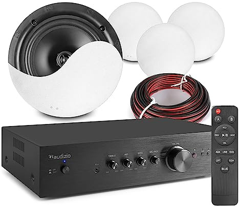 Power Dynamics Audizio Bluetooth Ceiling Speaker System Package with AD200B Amplifier and 4x NCSS8 8 2-Way In-Ceiling Speakers – Wireless Home Audio Systems Kit for Multi-Room Installation