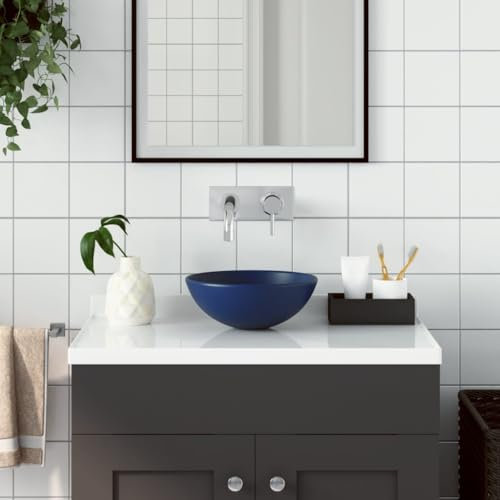 HIGSOSE Lavandino da Bagno in Ceramica Rotondo Lavabo da Appoggio Lavandino da Appoggio Lavabo Appoggio Lavatoio Ceramica Arredo Bagno Lavatoio da Esterno Blu Scuro Lavabo da Esterno