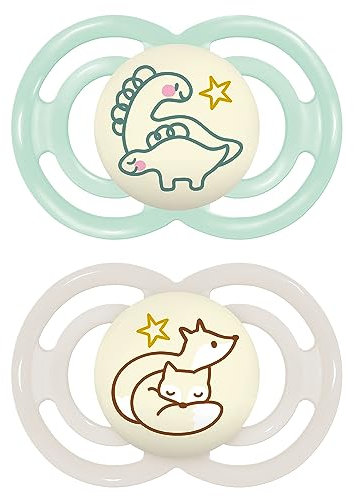 MAM Perfect Night Schnuller im 2er-Set, leuchtend im Dunkeln, zahnfreundlicher Baby Schnuller aus nachhaltigen & bio-erneuerbaren Materialien, mit Schnullerbox, 6-16 Monate, Dino/Fuchs