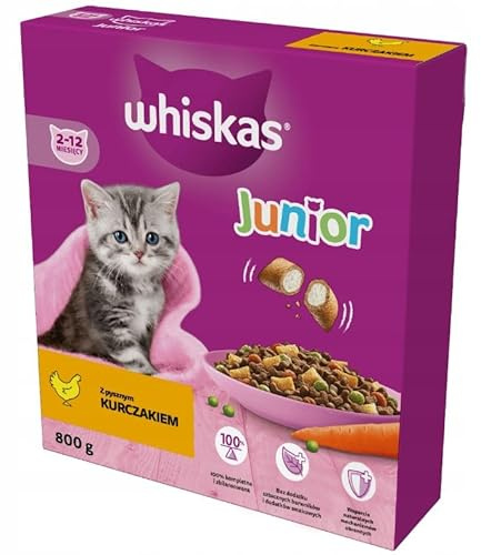 Whiskas Junior Trockenfutter Huhn, 5 x 0,8kg (5 Packungen) im Karton - Trockenfutter für heranwachsende Katzen - Extra kleine Kibbles für Kätzchen (2-12 Monate)