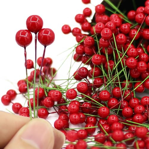 Tuxiaobu Lot de 300 baies de houx artificielles - Mini baies artificielles sur fil - 8 mm - Pour décoration de sapin de Noël, couronne, guirlande, décoration de vacances, loisirs créatifs - Rouge