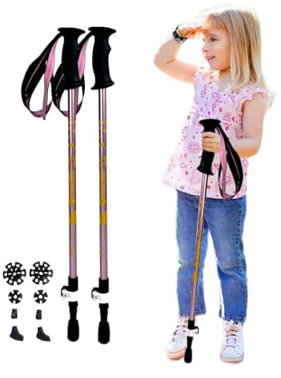 ALYEEPLOR 2 bastones de senderismo ajustables de aluminio para niños, ligeros y plegables para senderismo, esquí, actividades al aire libre, equipo de bastón de senderismo (rosa, aluminio)