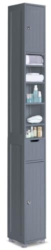 VOUNOT® Armario para Baño Alto Mueble Columna de Baño, Estanterías con 2 Puertas y 1 Cajón, Estantes Ajustables Espacio Abierto, Mueble Auxiliar de Almacenaje para Salón Dormitorio, 20x20x180cm, Gris