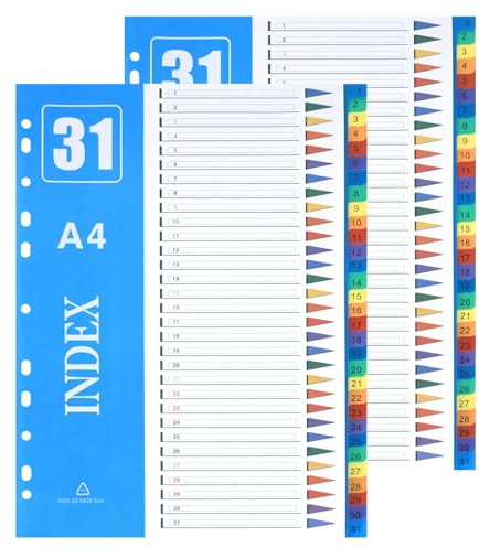 XHDA 1-31 Part A4 Dividers, 2 Pack Multi-Colour 11-Hole Index | PP Plastic Material, 11-Hole Punched, Writable Index Page, Multi-Colour Tabs, for 2, 3, 4 and 11 Ring Binders