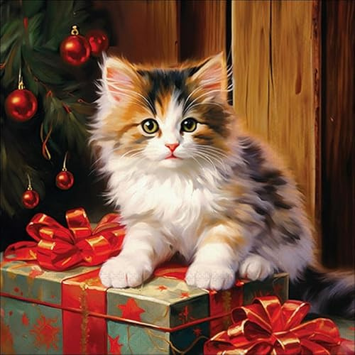 20 Servietten Weihnachten Katze an Weihnachtspaket als Tischdeko. Papierservietten mit Motiv. Auch für Decoupage und Serviettentechnik 33x33cm