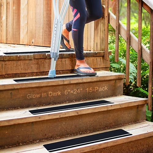 S&X Anti Slip Stair Treads Outdoor 15-Pack 15cm x 61cm with Glow-in-The-Dark Strip Non Slip Grip Tape for Stairs Steps Decks Weatherproof Longlasting