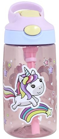 iZEL Kids 480ml Tritan Kids Water Bottle Sports Water Bottle with Flip Straw BPA Free LeakProof Water Bottle for School Travel Adventure Summer Camp and Sports, for Girls and Boys (Pink Unicorn)