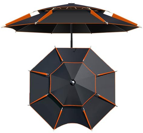 Strandsonnenschirm Windschutz Fishing Angelschirm Groß Regenschirm UPF 50+ Gartenschirm mit Erdspieß und Trage-Tasche Freien Campingschirm(Black orange,200cm)