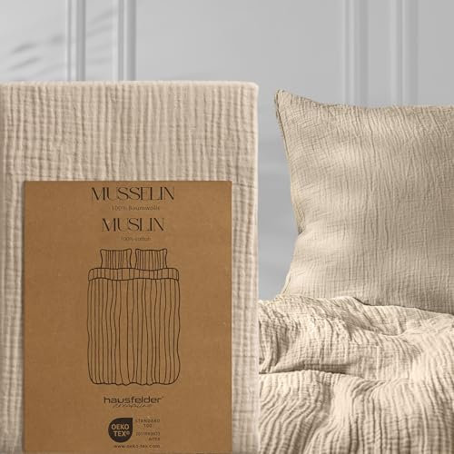 Hausfelder Musselin Bettwäsche 135x200 cm Beige, Bettbezug 135 x 200 cm aus atmungsaktiver Baumwolle, Oeko-TEX zertifizierter Decken Bezug, weiche Musselinbettwäsche 135x200cm