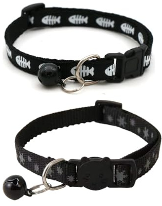 SIRLOMU 2-Stück Reflektierend Katzenhalsband mit Sicherheitsverschluss und Glöckchen, Verstellbar Halsband Katze Kitten (19-32cm) (Schwarz)