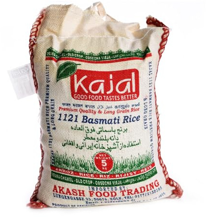 Kajal Premium Basmati Reis 5kg – Langkörniger Reis, Aromatisch und Locker, Ideal für Traditionelle Gerichte, Hochwertige Qualität