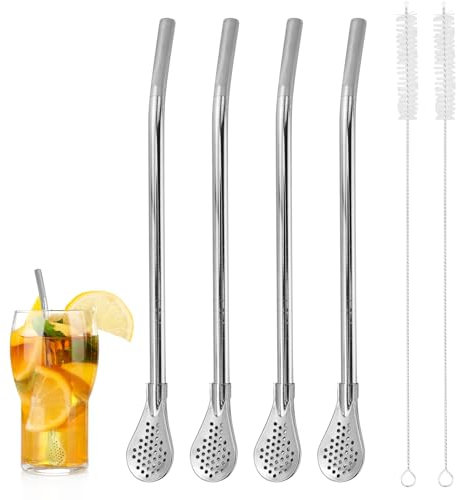 4 Stück Trinkhalme Löffel mit 2 Reinigungsbürsten, Edelstahl Sieblöffel/Strohhälme/Teelöffel für Tee, Kaffee, Saft, Milchshakes, Cocktails, Zitronentee