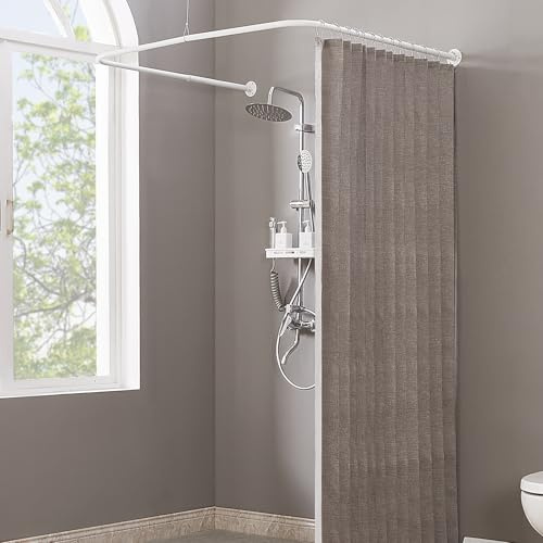 Yampos U-formad duschdraperiskena, [Båda sidor: 60 cm – 132 cm, mellan: 76,2 cm – 116,8 cm] Justerbar U-formad duschstång för utomhusbruk hörngardinstång för badrum med 12 krokar och takstöd