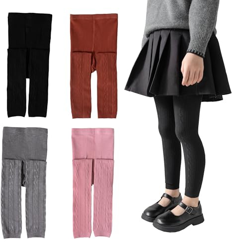 Silkglory Leggings para niñas, 2 paquetes de mallas de punto para niñas, mallas para niñas recién nacidas, leggings para niñas de 2 a 9 años, color negro, gris, blanco, albaricoque, 4-5 años
