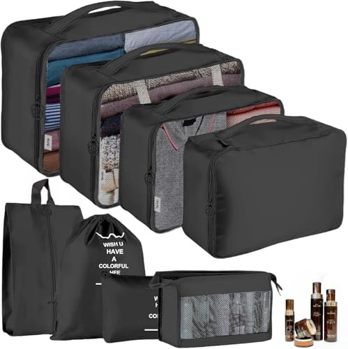 YIAGUN Packing Cubes for Suitcase,8 PCS Travel Luggage Packing Organizers for Backpack, Waterproof Travel Essentials Bag, Travel Accessories(Black)