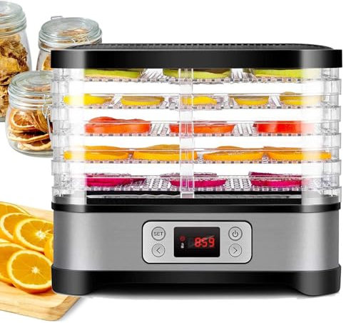 Deshidratador de alimentos de 5 niveles, máquina secadora de alimentos de 230 W con temperatura ajustable, temporizador y pantalla LCD para secar frutas, carnes, verduras
