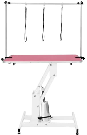 Mesa de Aseo Hidráulica Altura Ajustable Capacidad de 180kg Amplia Superficie de Goma 106cm x 61cm Resistente Estructura de Acero 4 Patas Estables Adaptables 3 Lazos para Sujeción [Blanco & Rosa]