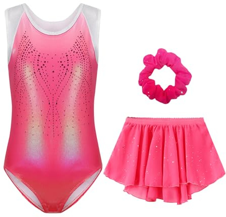 Happy Cherry Body Ginnastica Artistica Ragazze Balletto Leotards Senza Maniche con Gonnellino e Fascia per Capelli Danza Classica Ritmica Body Costumi di Balletto Brillante Rosa 7-8 Anni