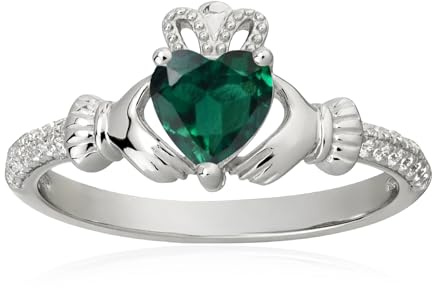 Bague de Claddagh en argent sterling 925 avec pierre de naissance en forme de cœur - 6 mm - Bijou irlandais porte-bonheur pour femme - Taille 6-9, 8, Pierre précieuse, Émeraude créée