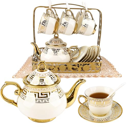 Tea Set for Adults, 20 Piece Vintage Porcelain Tea Set with Teapot and Cups, English Afternoon Tea Set with Stand, Floral Gold Trim, Gift for Wedding, Birthday & Home
