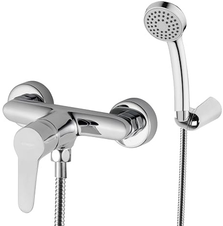 HOMSSY Monomando para Ducha con Mango Rociador, Mezclador de Bañera, Grifo Monomando con Flexo y Soporte de Pared, Agua Caliente y Fría, Diseño Cromado
