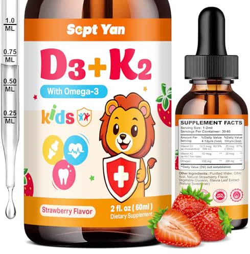 Kids Vitamin D3 K2 Drops - K2 D3 Vitamin Supplement 1000 IU with Omega 3, Support Bone, Mood, Teeth & Immune - Vitamin D3 K2 (MK-7) Liquid Drops for Adults & Kids, Sugar Free Strawberry Flavor 2 FL OZ