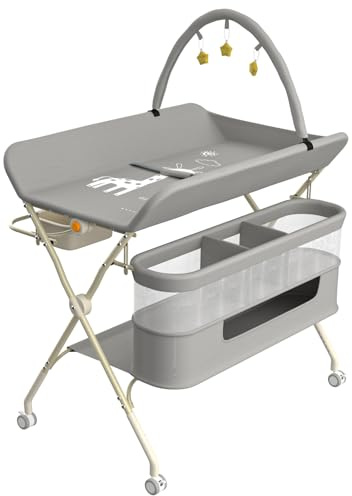 OHMG Table à Langer Pliable, Plan à Langer avec Panier Latéral et roulettes et 3 Jouets,Organiseur de Couches 5 Réglable en Hauteur, Rangement Multifonction pour Chambres d'enfant，75x68x83-91cm
