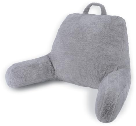 Blissful Diary Plush Velvet Reading Pillow for Kids/Teens/Adults, Back Rest Pillow for Sitting Up in Bed with Shredded Memory Foam, Includes Arms and Washable Cover, Light Gray