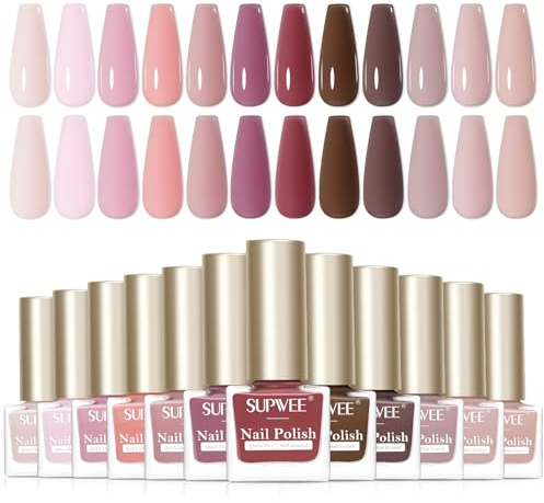 SUPWEE Nail Polish Set, 12 Colour Quick Dry Regular Nail Polish Kit | Shimmer Oil Based Fingernail Varnish Nails Gifts for Women Girl DIY Salon Home Manicure Nude Brown Light Pink