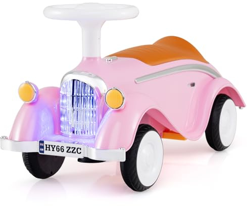 COSTWAY Rutschauto, klassisches Rutschfahrzeug mit Lenkrad & Hupe & LED-Scheinwerfer, Kinderfahrzeug mit Stauraum unter Sitz, Retro Rutscher Auto für Kinder ab 1 Jahr (Rosa)