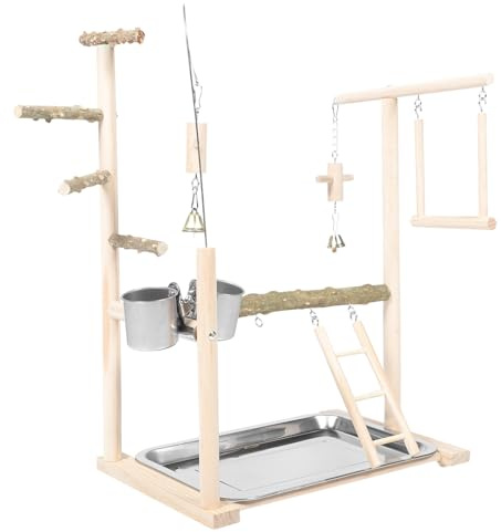 Homoyoyo Vogelspielplatz aus Natürlichem Holz mit Standstange und Leiter Praktischer Papagei Trainingsplatz Interaktive Vogel Sitzstange mit Snack Schale für Wellensittiche und Kleine