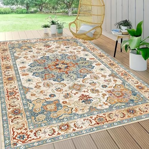 Machine Washable Rugs Living Room, 120x180cm Vintage Rug Boho Area Rugs Low Pile Anti-Slip Carpet Traditional Oriental Printed Design for Living Room Dining Room Bedroom Home Office, Non-Shedding