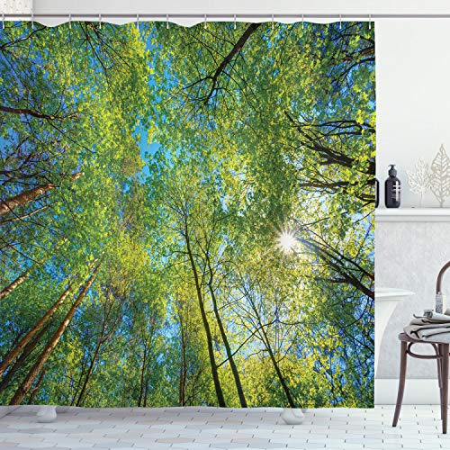 ABAKUHAUS Wald Duschvorhang, Willow Flora in der Natur, Stoffliches Gewebe Badezimmerdekorationsset mit Haken, 175 x 220 cm, Grün