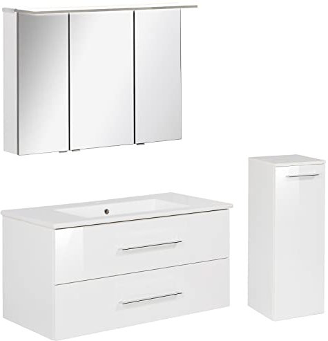 FACKELMANN weisses Badmöbel Set B.Perfekt 3-TLG. mit Waschtisch Unterschrank inkl. Keramikbecken hängend 100 cm & LED Spiegelschrank