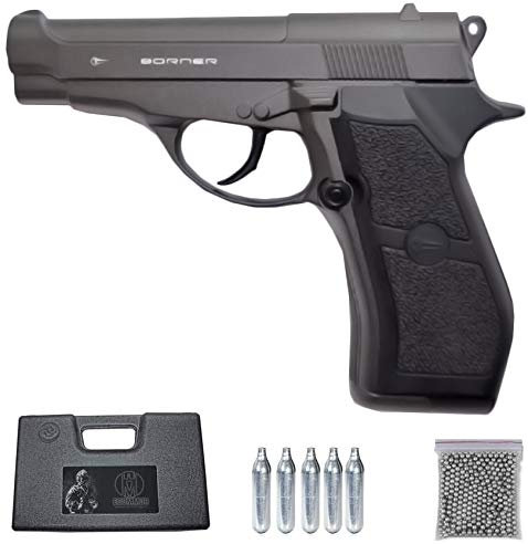 BORNER M84 Modelo Full Metal | Pack Pistola de balines metálica (perdigones: Bolas BB's de Acero). Arma de Aire comprimido (CO2) semiautomática Calibre 4,5mm (Tipo Beretta M84FS) - 2,55 Julios.