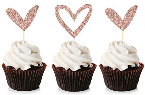 Unimall Global 24 Stück Roségold Glitter Herz Cupcake Topper Nettes Design Liebe Cupcake Topper für Hochzeit Braut Jubiläum Baby Dusche Party Dekorationen Lieferungen
