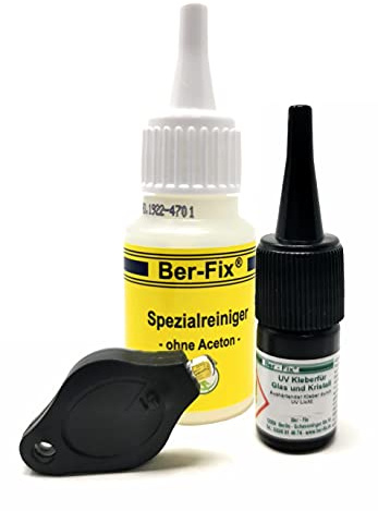 Ber-Fix UV Kleber mit Lampe Set Glaskleber für Glas Glas und Glas Metall 3g Gel 2500 mPas gleicht auch kleine Unebenheiten aus mit UV Lampe klein + Reiniger