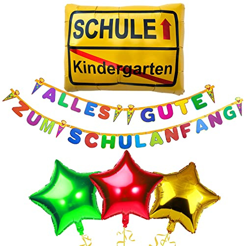 Oblique Unique® Schuleinführung Schulanfang Einschulung Deko Set - Alles Gute zum Schulanfang Girlande + Schule Folien Luftballon + 3 Stern Folienballons