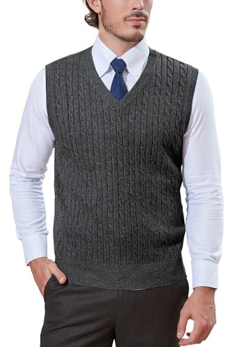 Kallspin Hombres de Lana Mezclada de Punto de Cable Suéter Chaleco V Cuello Relajado Ajuste sin Mangas Suéteres(Gris Carbón,M)