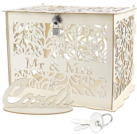 JaneYi Caja de Madera para Tarjetas de Boda 30x23x23cm - Caja Tarjeta de Regalo Grande con Letrero y Cerradura para Decoración de Boda y Aniversario - Mr & Mrs