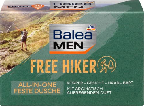 Balea MEN Feste Dusche FREE HIKER - All-in-One festes Duschgel für Körper, Gesicht, Haar und Bart, Duschseife mit aromatisch-aufregendem Duft, 100 g (Limited Edition)