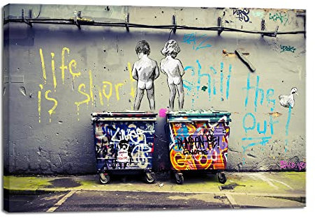 Wieco Art Gallery Wrapped Canvas Prints Life is Short Chill the Duck Out Banksy Boys Artwork Reproduction Graffiti Poster Print on Canvas Wall Art for Bedroom Home Office Decorations