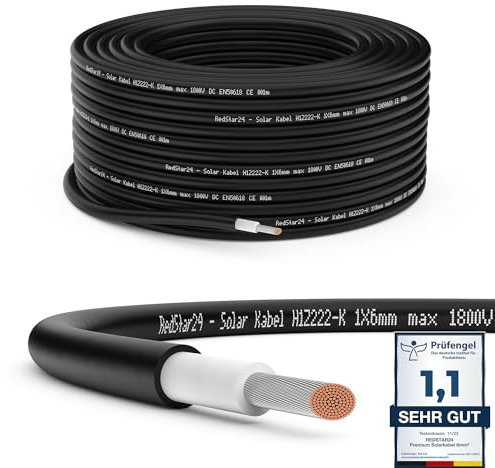 RedStar24 Premium Solarkabel 6mm² Schwarz - 30m - TÜV SÜD geprüft - UV-beständig, flexibel, Photovoltaik Kabel, PV Kabel, Solar Anschlusskabel für Solarpanel, Wechselrichter & Laderegler - langlebig