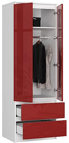BDW Kleiderschrank 2-Türig mit 2 Schubladen - Kleiderbügel - Glanz - Schlafzimmer, Wohnzimmer, Diele - 180x60x51cm Weiß/Rot