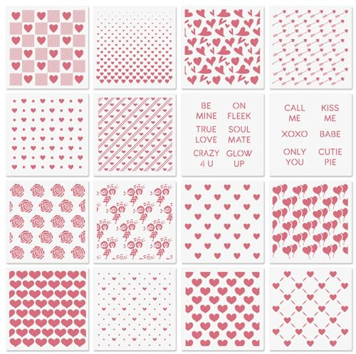 6in Hearts Love Cookie Stencils for Royal Icing, Valentine Stencils for Sugar Cookie, 16 Pcs Assorted Sizes Heart Shapes Conversation Words Rose Stencils for Baking Drawing Dessert Coffee Decoration